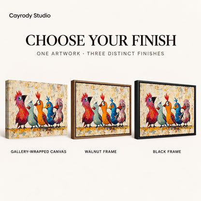 Quirky Bird Quintet artwork finish chart showing gallery wrapped canvas, walnut frame, and black frame options.