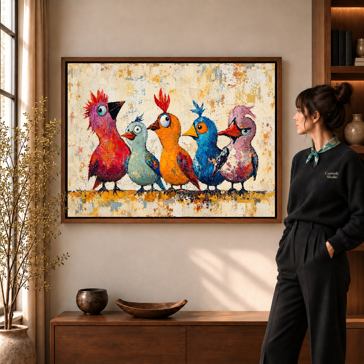 Walnut framed quirky bird quintet artwork scene assigned to all six walnut framed canvas sizes.
