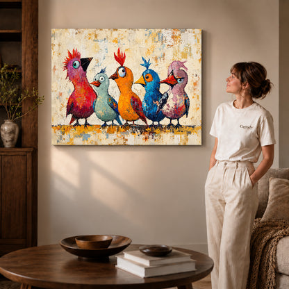Gallery wrapped quirky bird quintet artwork scene assigned to all six unframed wrapped canvas sizes.