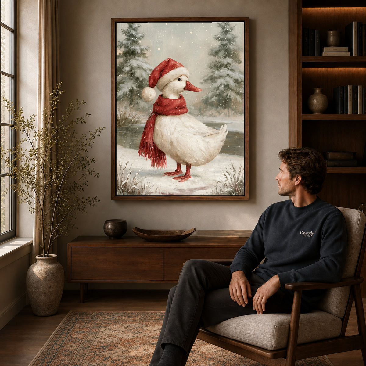 Walnut framed winter santa duck artwork above a seated man in a wood furnished living room.