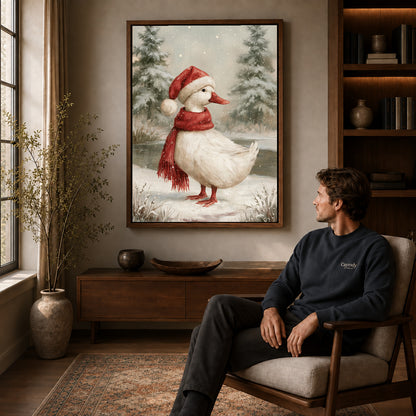 Walnut framed winter santa duck artwork above a seated man in a wood furnished living room.