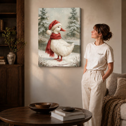 Gallery wrapped winter santa duck artwork with shaded canvas edges beside a woman wearing cream clothing.