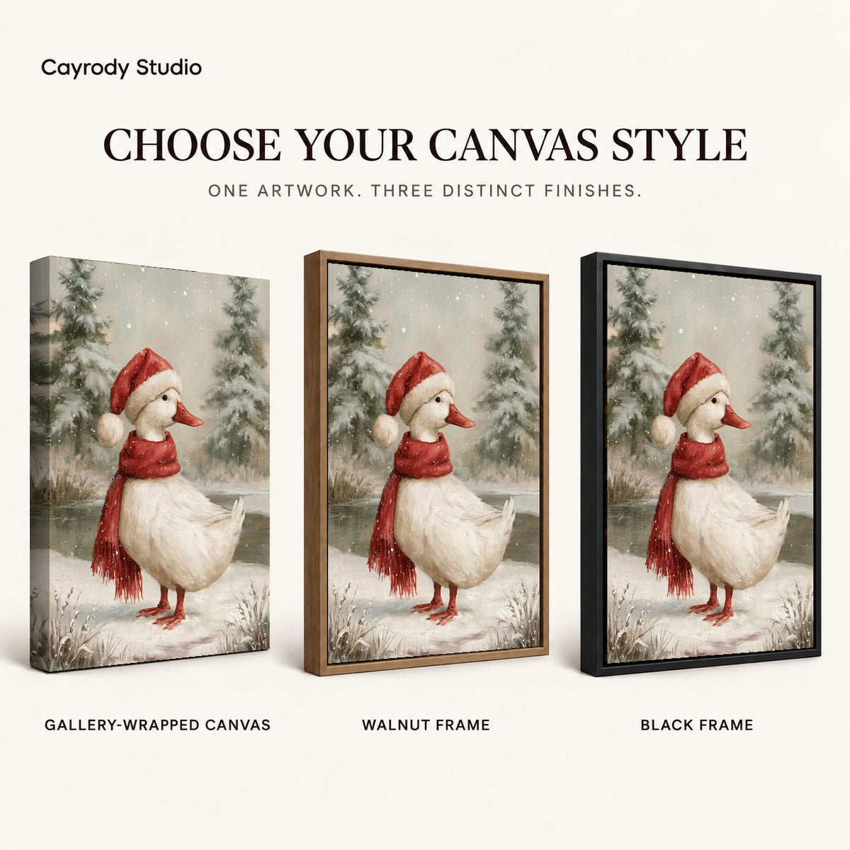 Winter Santa Duck artwork finish chart showing gallery wrapped canvas, walnut frame, and black frame options.