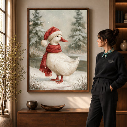 Walnut framed winter santa duck artwork scene assigned to all six walnut framed canvas sizes.