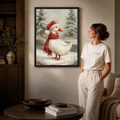 Black framed winter santa duck artwork scene assigned to all six black framed canvas sizes.