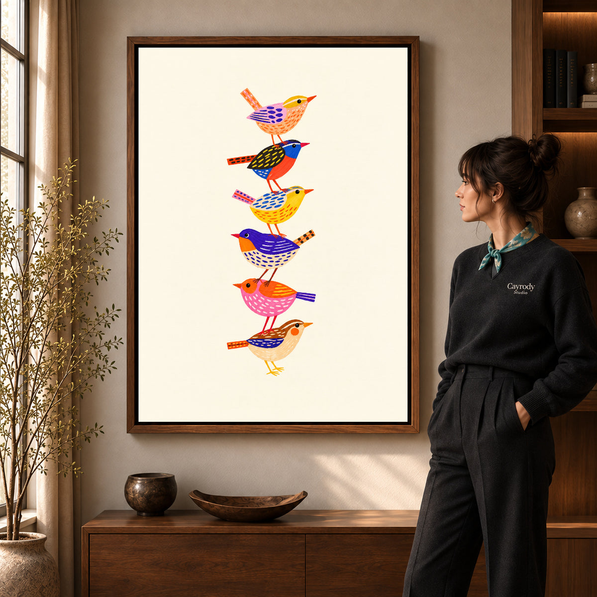 Stacked Folk Birds artwork in a walnut frame beside a standing woman in a warm room.