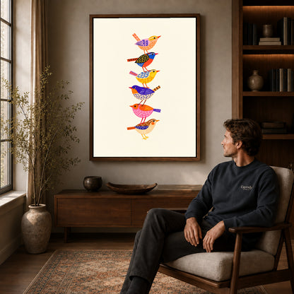 Walnut framed stacked folk birds artwork above a seated man in a wood furnished living room.