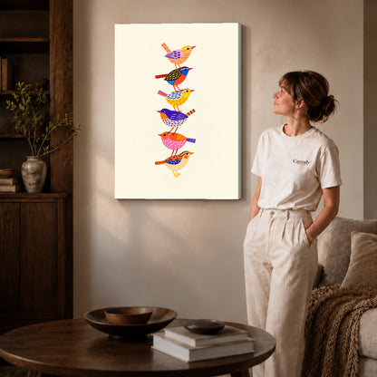 Gallery wrapped stacked folk birds artwork with shaded canvas edges beside a woman wearing cream clothing.