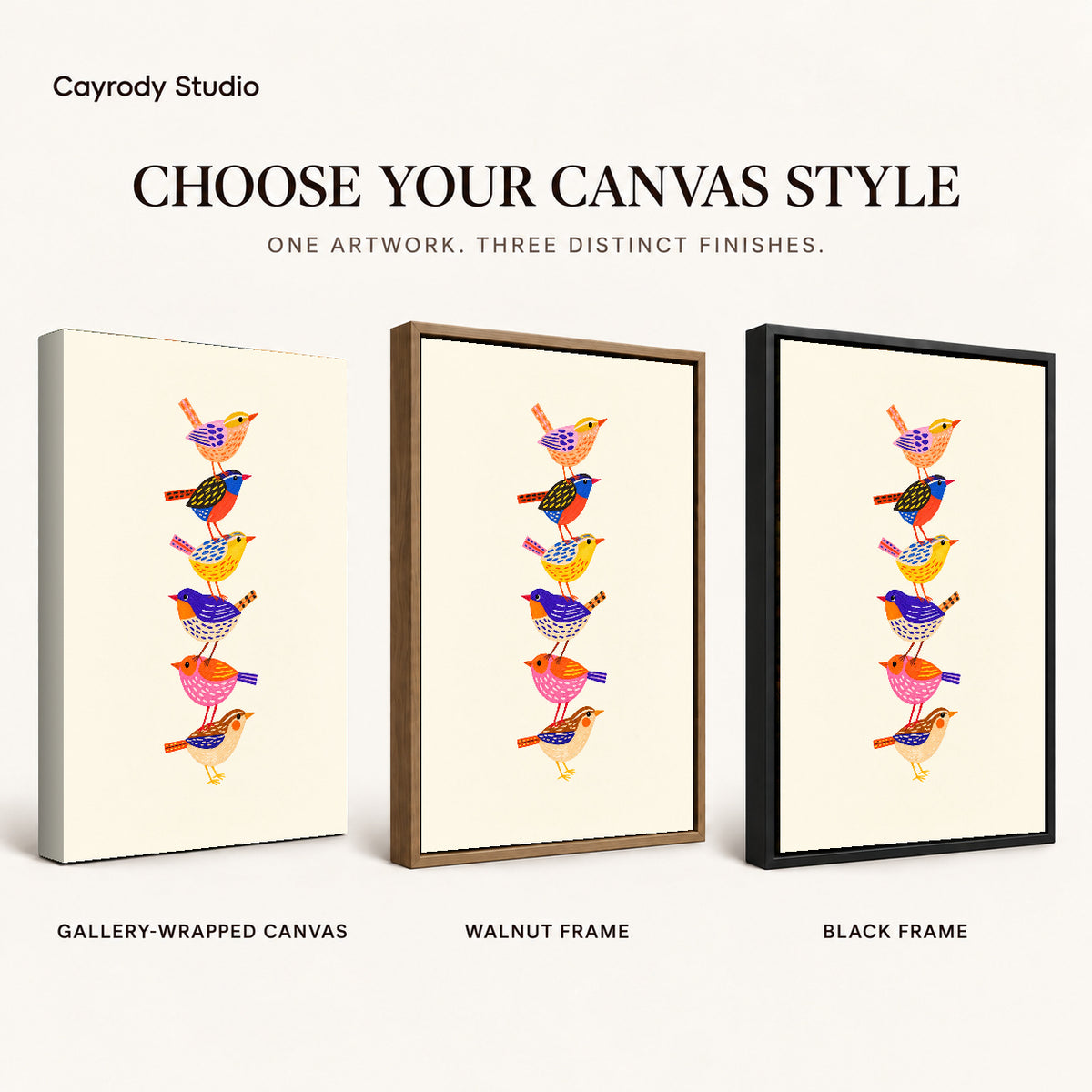 Stacked Folk Birds artwork finish chart showing gallery wrapped canvas, walnut frame, and black frame options.