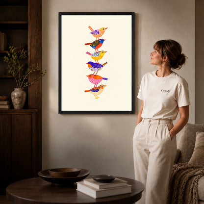 Black framed stacked folk birds artwork scene assigned to all six black framed canvas sizes.