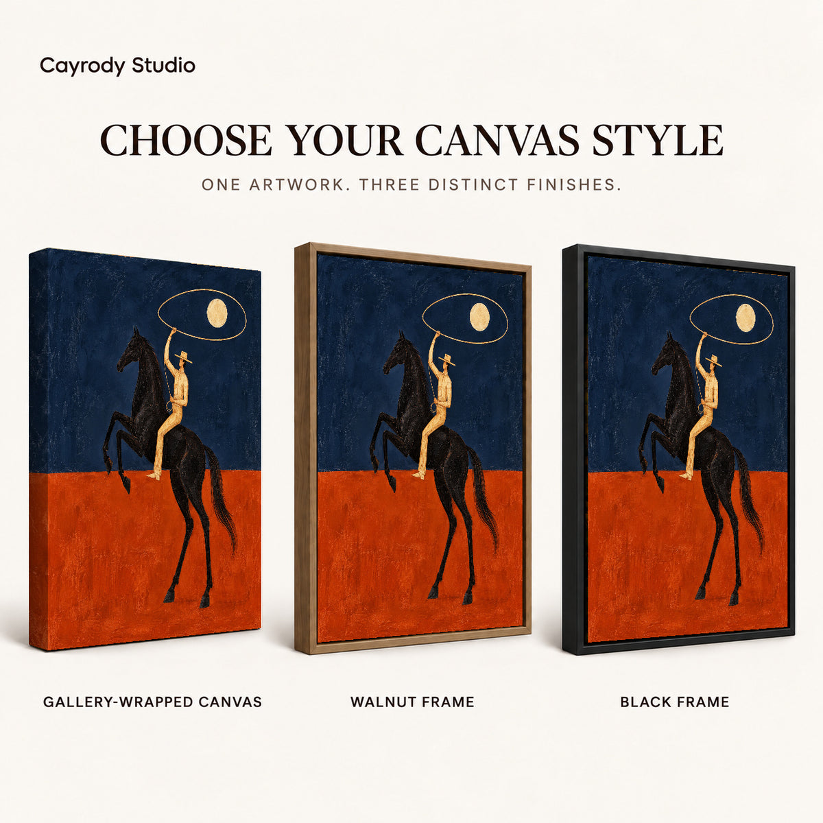 Moon Lasso Rider artwork finish chart showing gallery wrapped canvas, walnut frame, and black frame options.