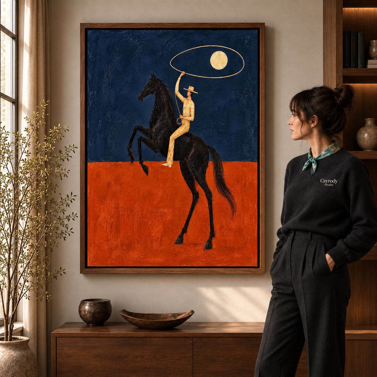 Walnut framed moon lasso rider artwork scene assigned to all six walnut framed canvas sizes.