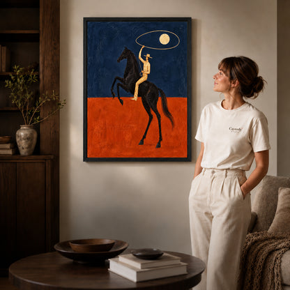 Black framed moon lasso rider artwork scene assigned to all six black framed canvas sizes.