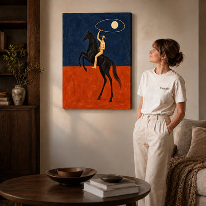 Gallery wrapped moon lasso rider artwork scene assigned to all six unframed wrapped canvas sizes.
