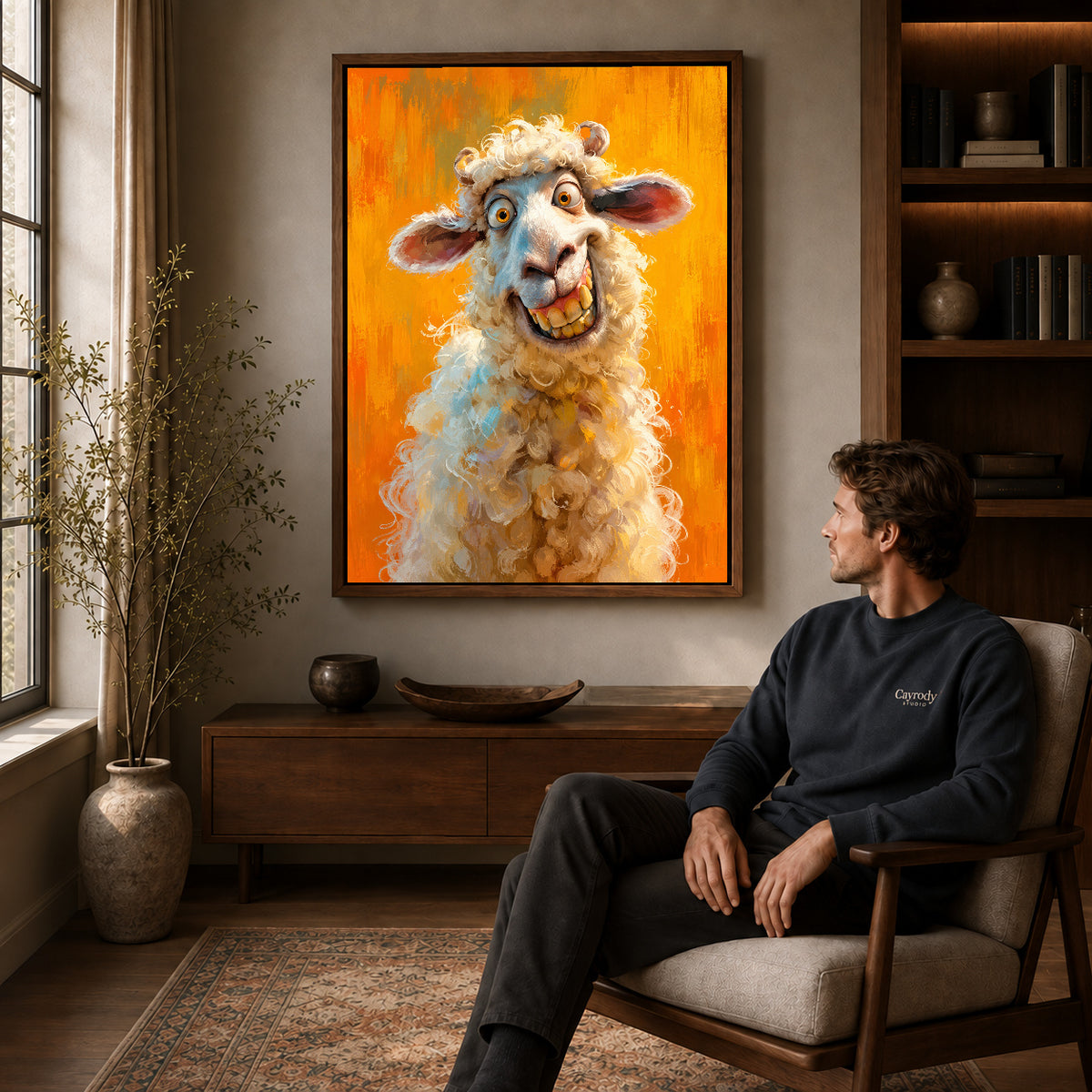 Walnut framed grinning curly sheep artwork above a seated man in a wood furnished living room.