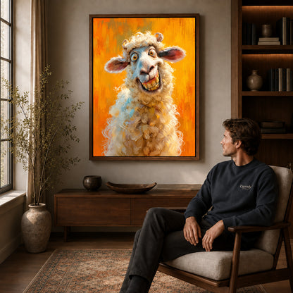 Walnut framed grinning curly sheep artwork above a seated man in a wood furnished living room.