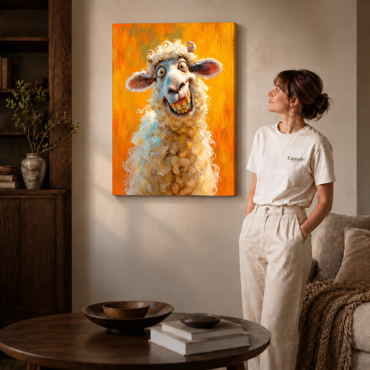 Gallery wrapped grinning curly sheep artwork with shaded canvas edges beside a woman wearing cream clothing.