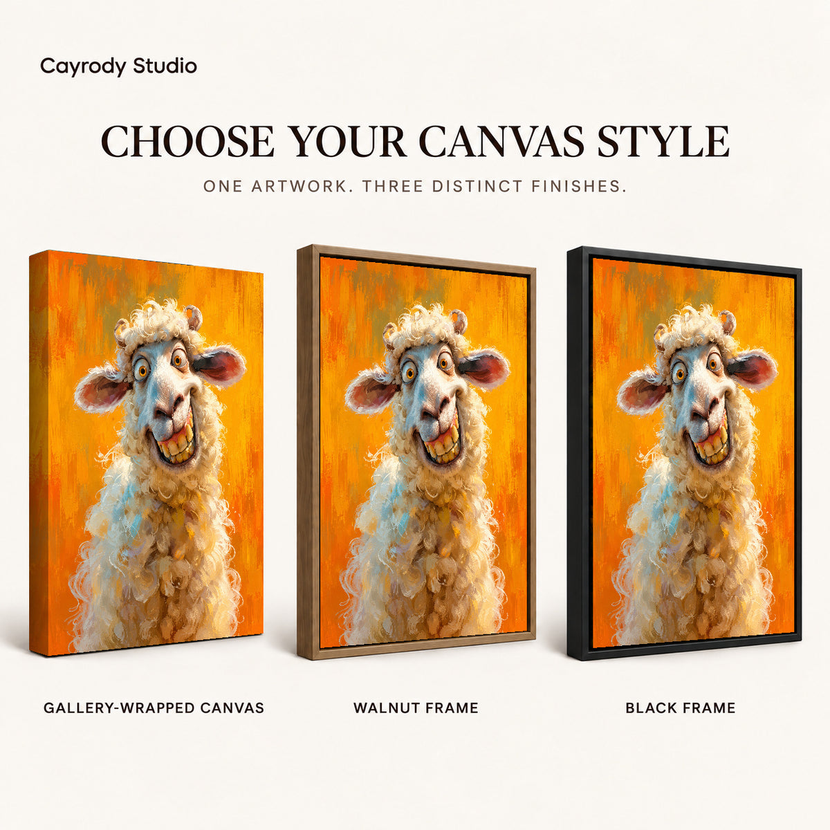 Grinning Curly Sheep artwork finish chart showing gallery wrapped canvas, walnut frame, and black frame options.