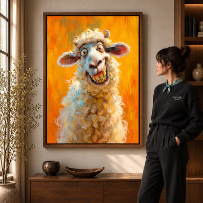Walnut framed grinning curly sheep artwork scene assigned to all six walnut framed canvas sizes.