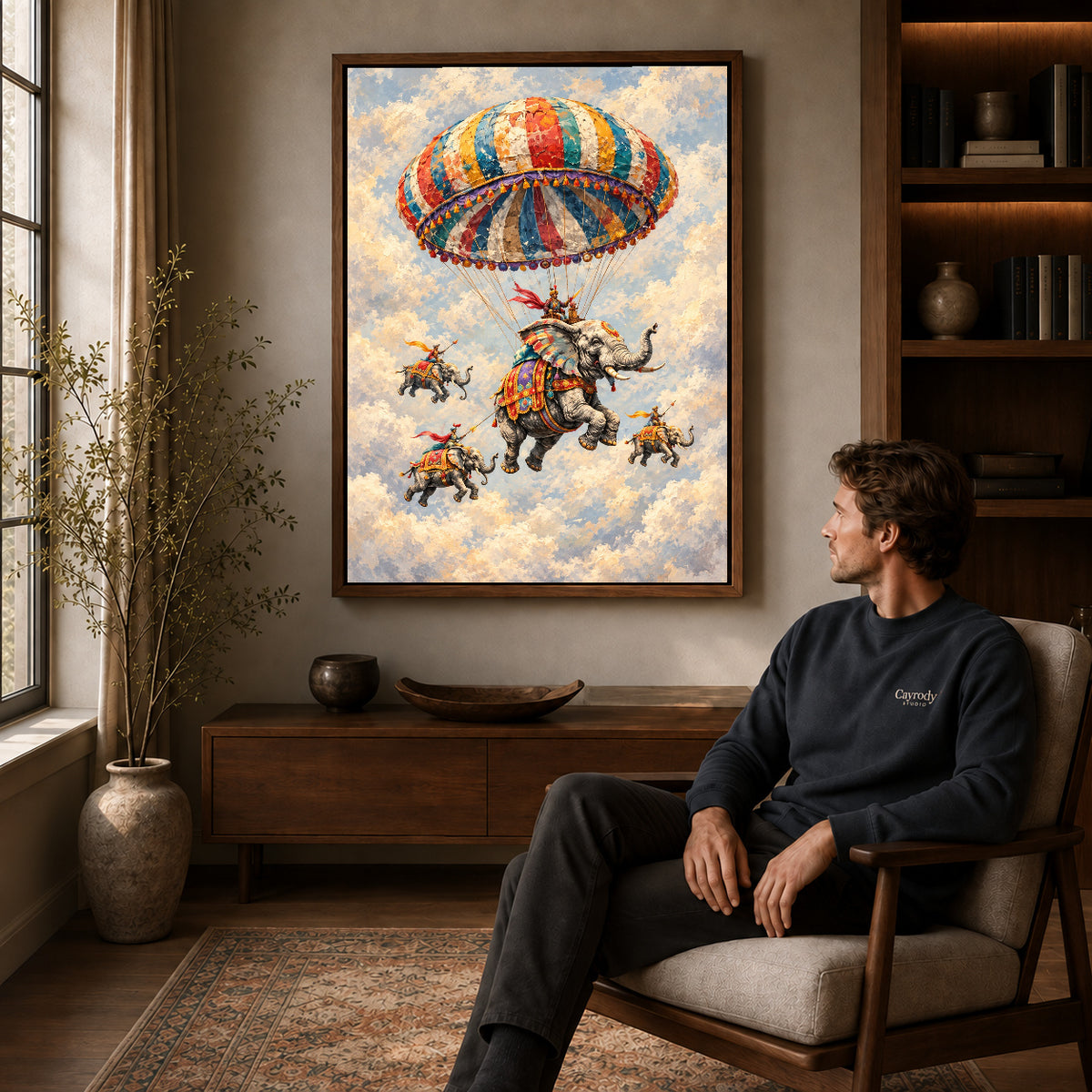 Walnut framed flying elephant parade artwork above a seated man in a wood furnished living room.