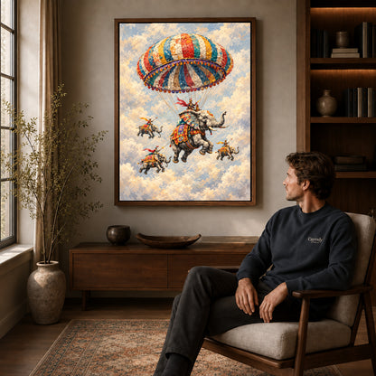 Walnut framed flying elephant parade artwork above a seated man in a wood furnished living room.