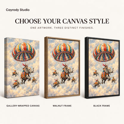Flying Elephant Parade artwork finish chart showing gallery wrapped canvas, walnut frame, and black frame options.