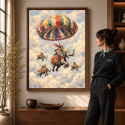 Walnut framed flying elephant parade artwork scene assigned to all six walnut framed canvas sizes.