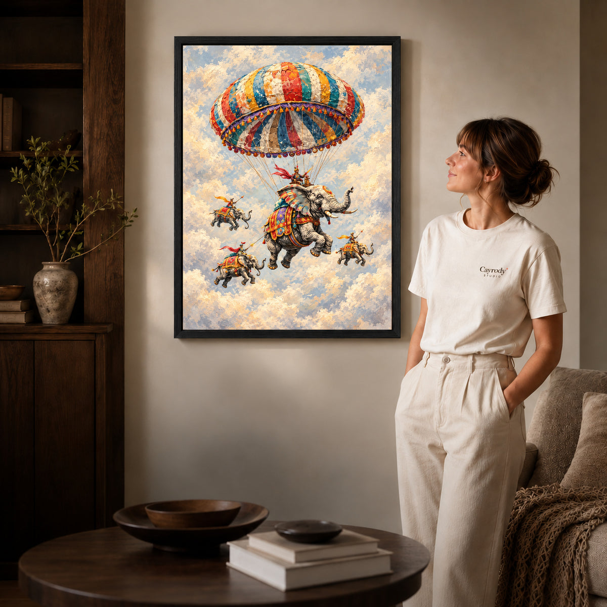 Black framed flying elephant parade artwork scene assigned to all six black framed canvas sizes.