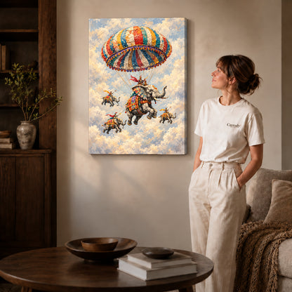 Gallery wrapped flying elephant parade artwork scene assigned to all six unframed wrapped canvas sizes.