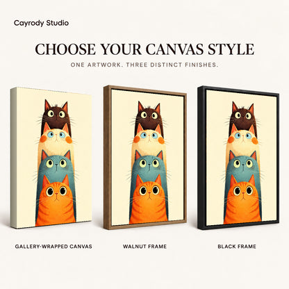 Stacked Curious Cats artwork finish chart showing gallery wrapped canvas, walnut frame, and black frame options.