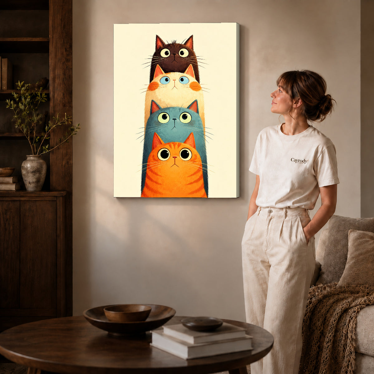 Gallery wrapped stacked curious cats artwork scene assigned to all six unframed wrapped canvas sizes.