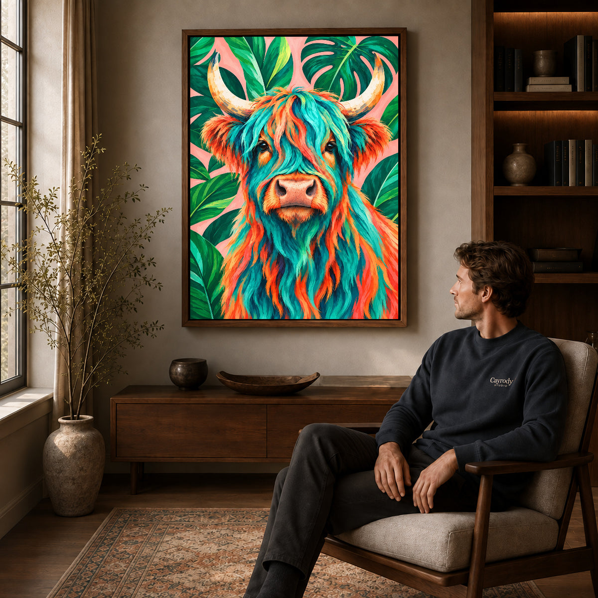 Walnut framed tropical highland cow artwork above a seated man in a wood furnished living room.