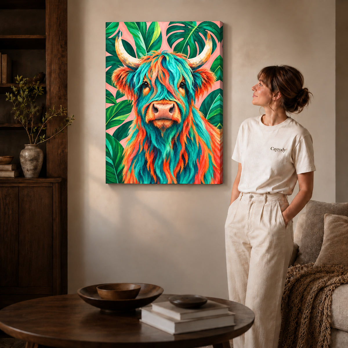 Gallery wrapped tropical highland cow artwork with shaded canvas edges beside a woman wearing cream clothing.
