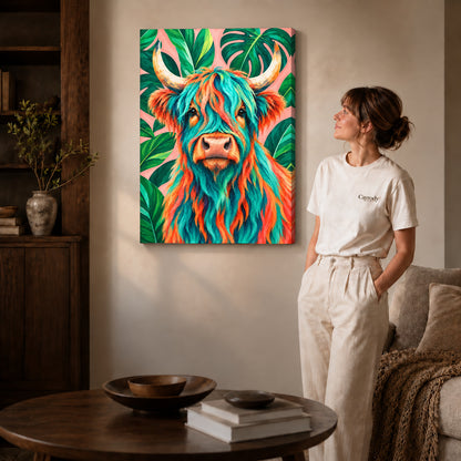 Gallery wrapped tropical highland cow artwork with shaded canvas edges beside a woman wearing cream clothing.