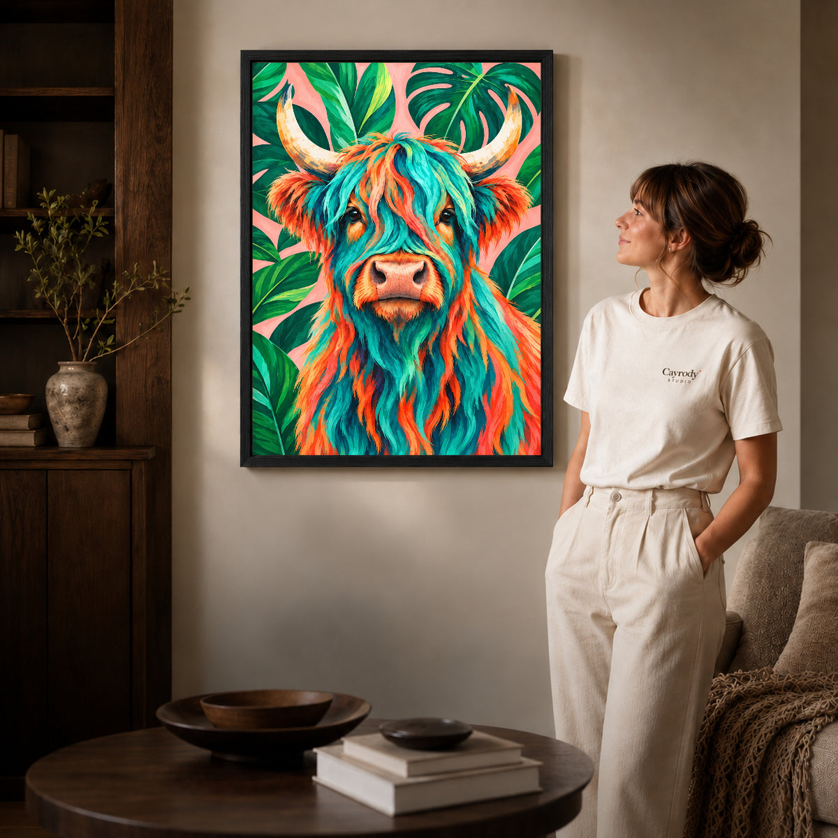Black framed tropical highland cow artwork beside a woman in a warm neutral living room.