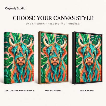 Tropical Highland Cow artwork finish chart showing gallery wrapped canvas, walnut frame, and black frame options.
