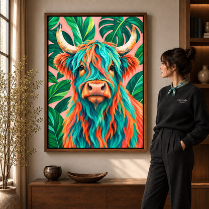 Walnut framed tropical highland cow artwork scene assigned to all six walnut framed canvas sizes.