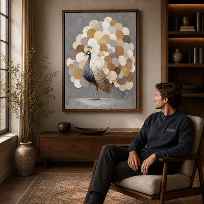 Walnut framed neutral peacock fan artwork above a seated man in a wood furnished living room.