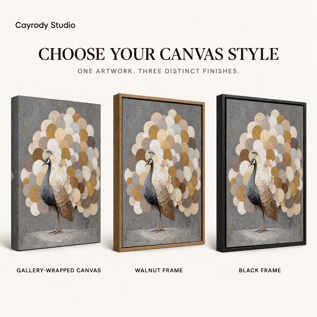 Neutral Peacock Fan artwork finish chart showing gallery wrapped canvas, walnut frame, and black frame options.