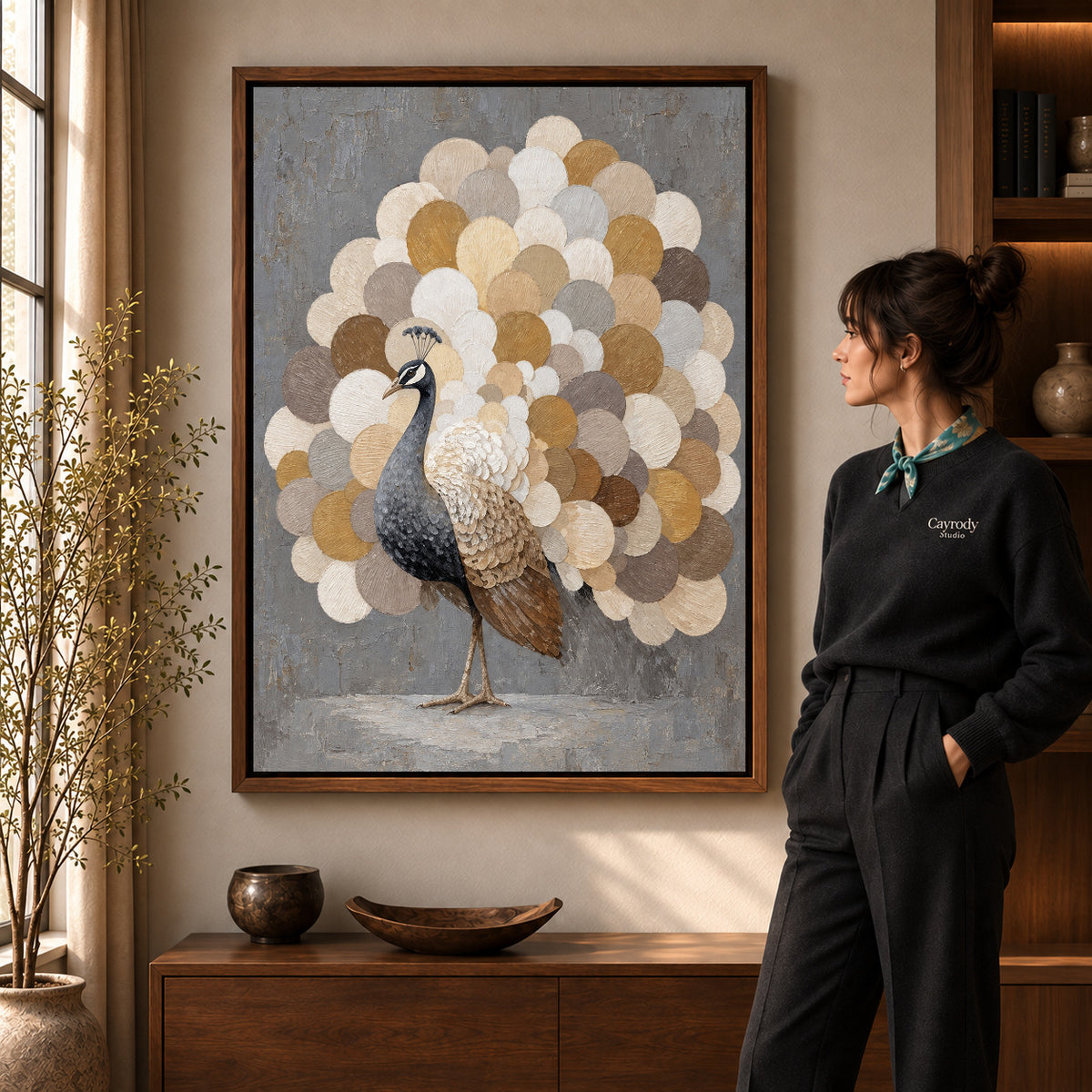 Walnut framed neutral peacock fan artwork scene assigned to all six walnut framed canvas sizes.