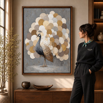 Walnut framed neutral peacock fan artwork scene assigned to all six walnut framed canvas sizes.