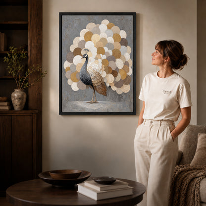 Black framed neutral peacock fan artwork scene assigned to all six black framed canvas sizes.
