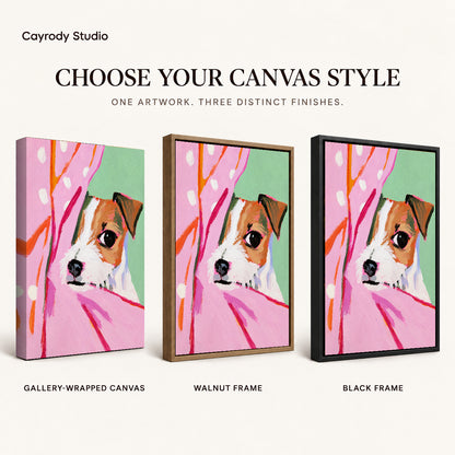 Pink Curtain Puppy artwork finish chart showing gallery wrapped canvas, walnut frame, and black frame options.