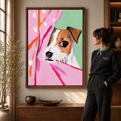 Walnut framed pink curtain puppy artwork scene assigned to all six walnut framed canvas sizes.