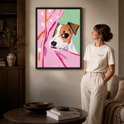 Black framed pink curtain puppy artwork scene assigned to all six black framed canvas sizes.
