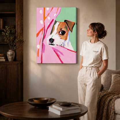 Gallery wrapped pink curtain puppy artwork scene assigned to all six unframed wrapped canvas sizes.