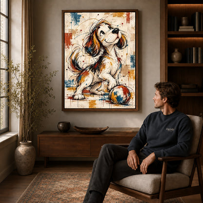 Walnut framed playful puppy ball artwork above a seated man in a wood furnished living room.
