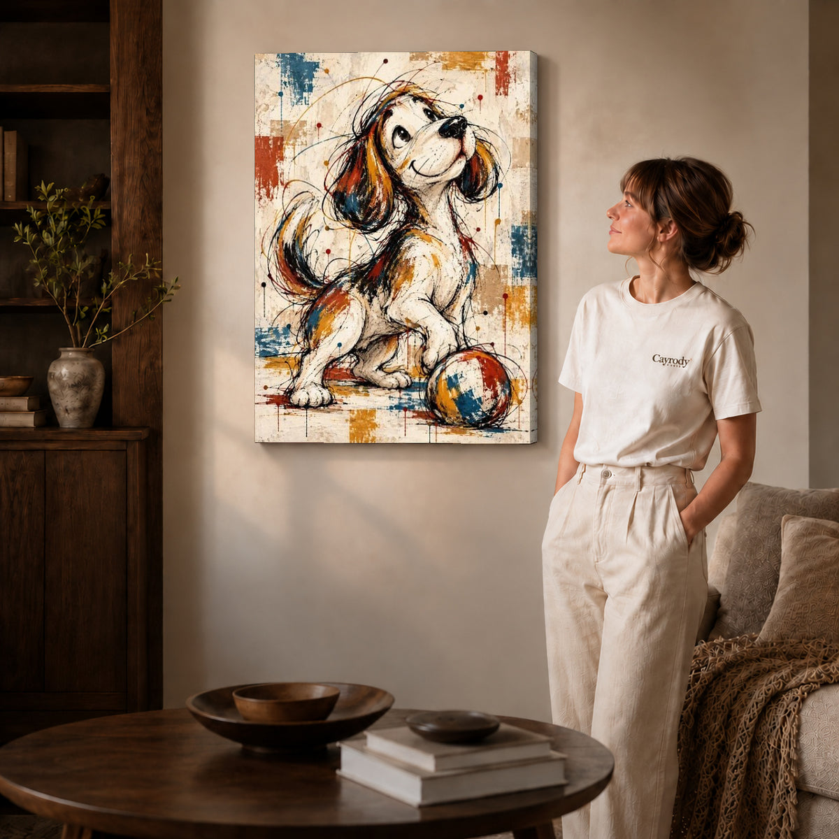 Gallery wrapped playful puppy ball artwork with shaded canvas edges beside a woman wearing cream clothing.