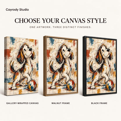 Playful Puppy Ball artwork finish chart showing gallery wrapped canvas, walnut frame, and black frame options.