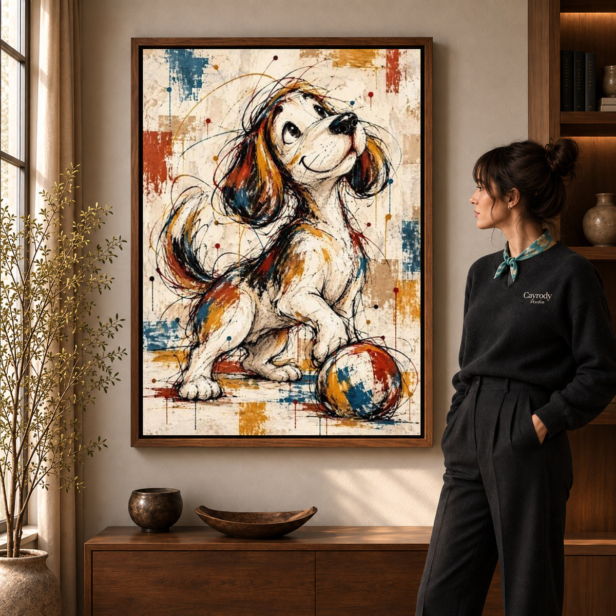 Walnut framed playful puppy ball artwork scene assigned to all six walnut framed canvas sizes.